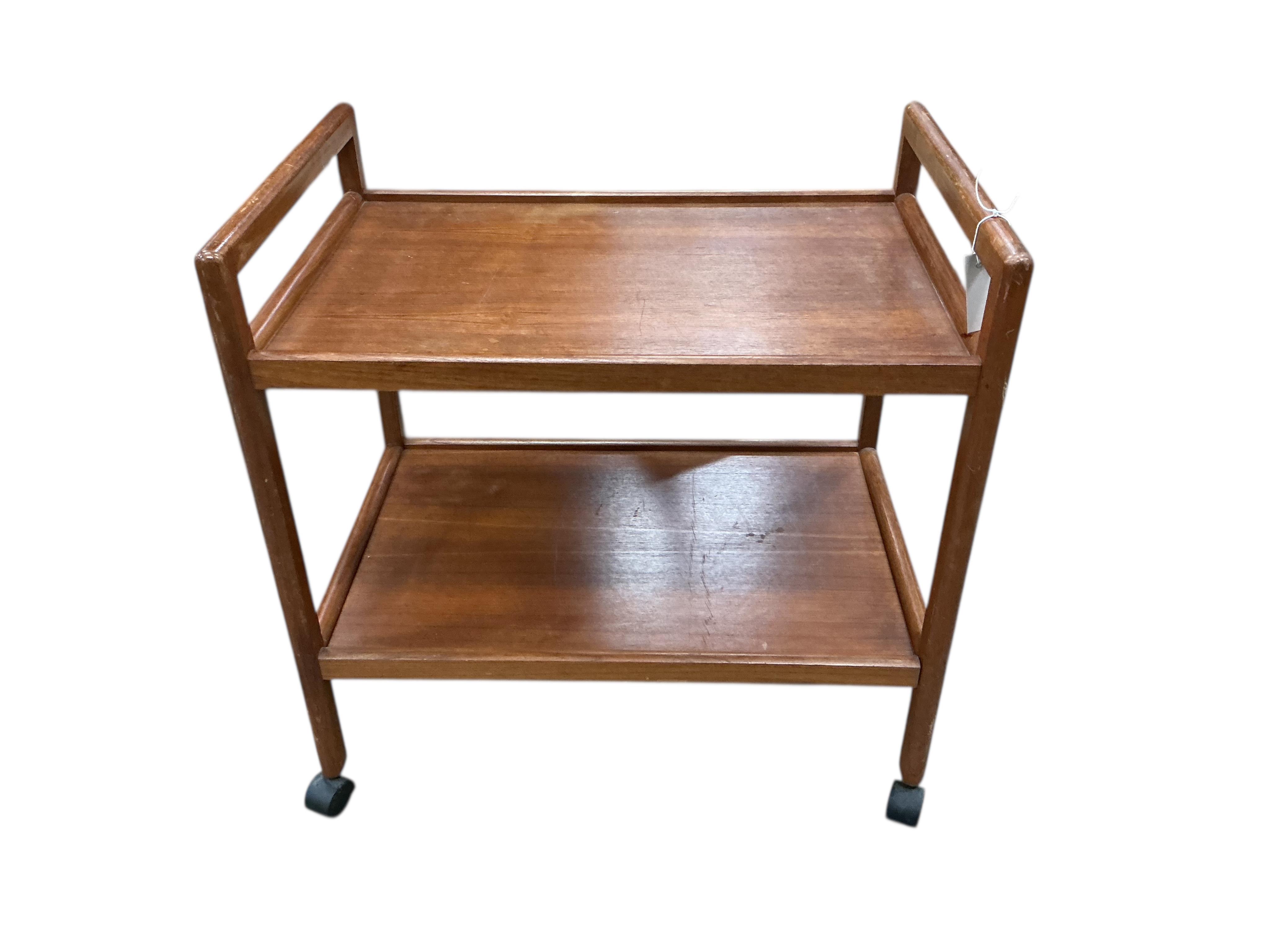 A mid century rectangular teak two tier tea trolley, width 70cm, depth 47cm, height 70cm